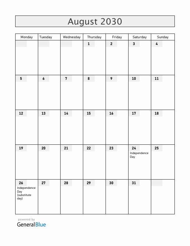 Ukraine August 2030 Calendar with Holidays