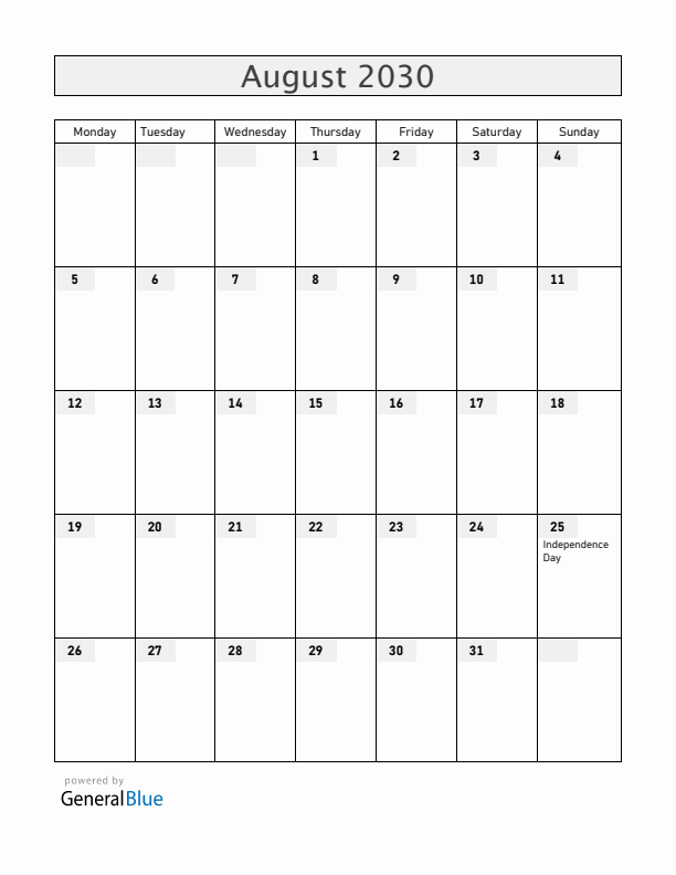 Uruguay August 2030 Calendar with Holidays