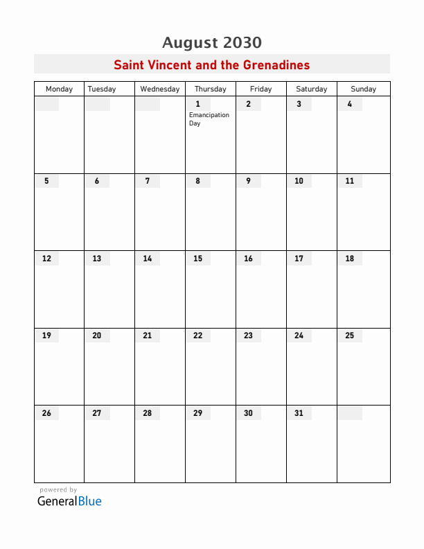 Saint Vincent and the Grenadines August 2030 Calendar with Holidays
