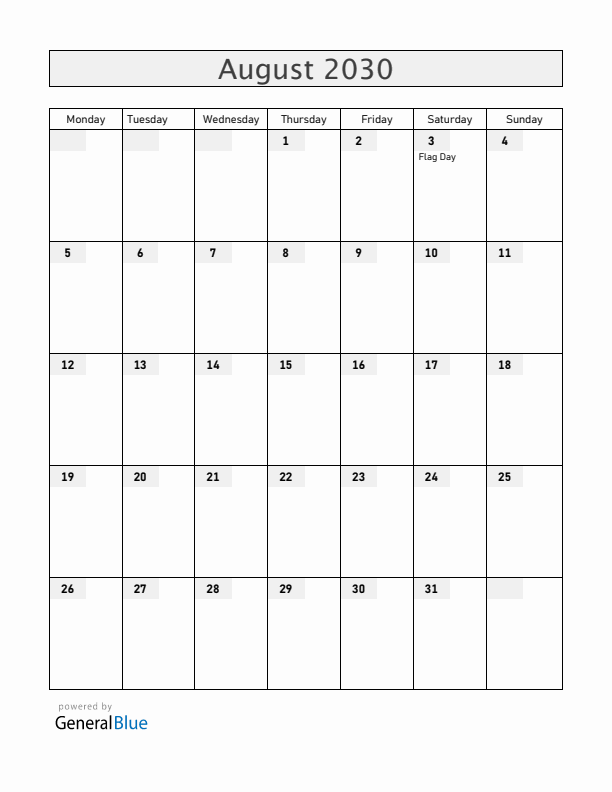 Venezuela August 2030 Calendar with Holidays