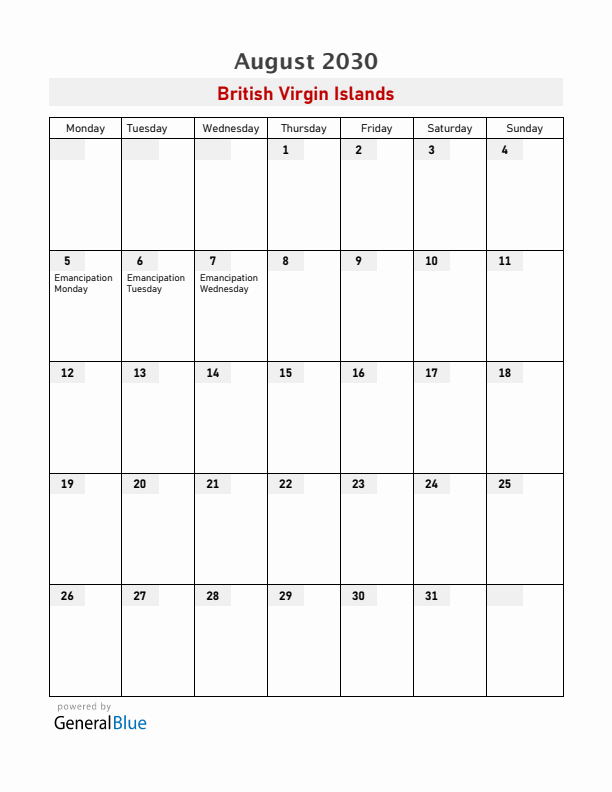 British Virgin Islands August 2030 Calendar with Holidays