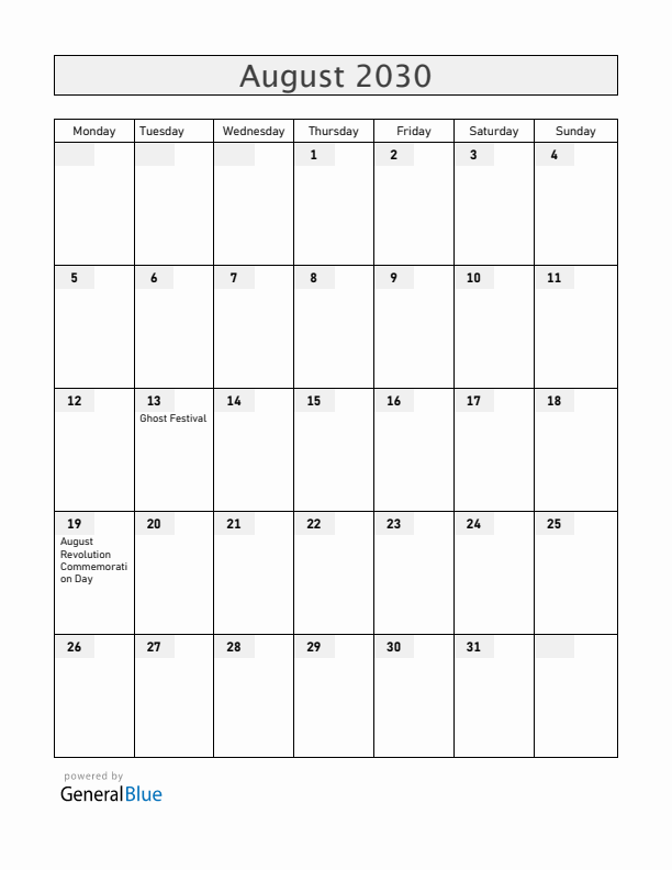 Vietnam August 2030 Calendar with Holidays