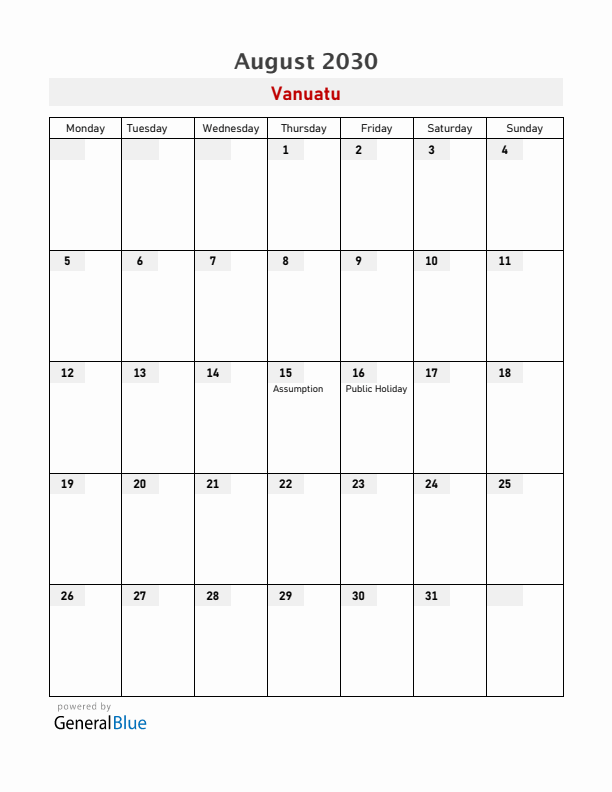 Vanuatu August 2030 Calendar with Holidays