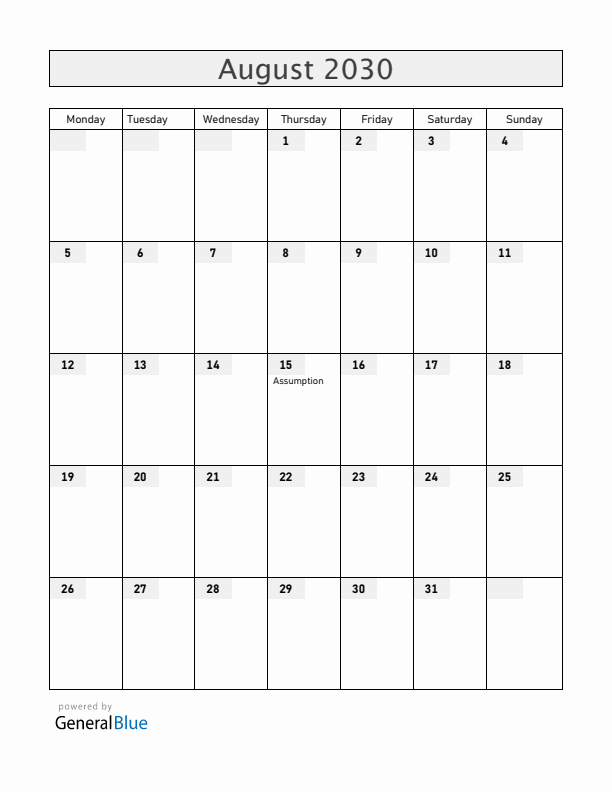 Mayotte August 2030 Calendar with Holidays