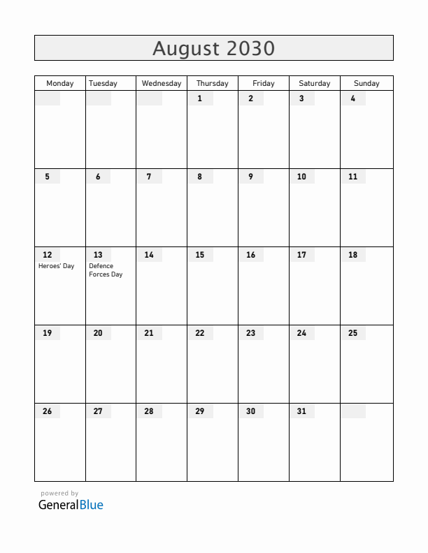 Zimbabwe August 2030 Calendar with Holidays