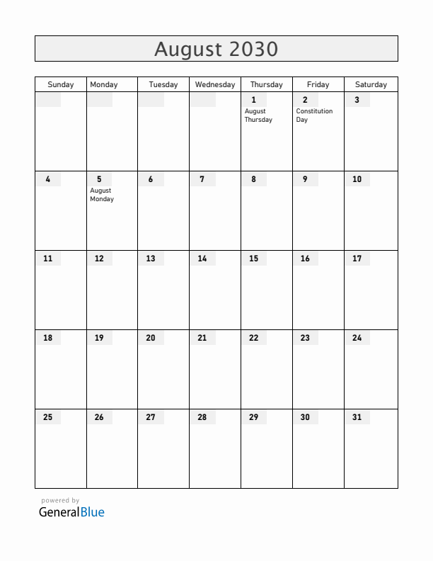 Anguilla August 2030 Calendar with Holidays
