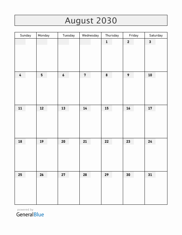 Armenia August 2030 Calendar with Holidays