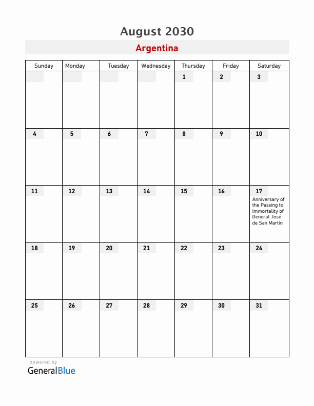 Argentina August 2030 Calendar with Holidays