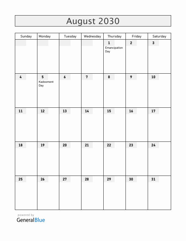 Barbados August 2030 Calendar with Holidays