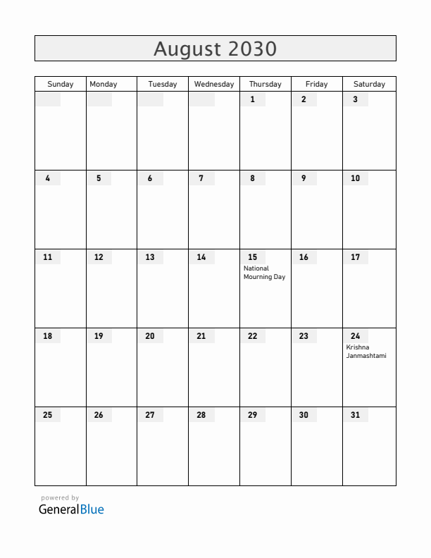 Bangladesh August 2030 Calendar with Holidays