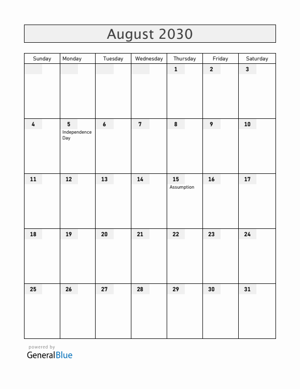 Burkina Faso August 2030 Calendar with Holidays