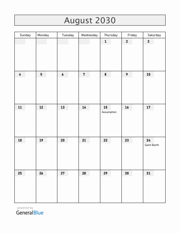 Saint Barthelemy August 2030 Calendar with Holidays