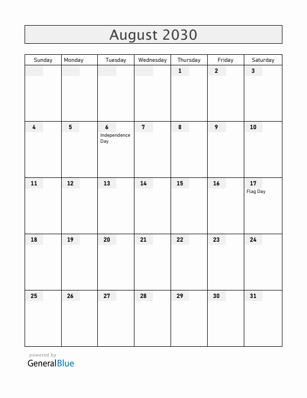 Bolivia August 2030 Calendar with Holidays