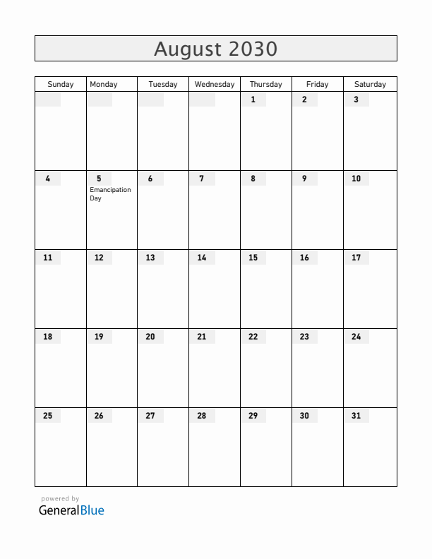 Bahamas August 2030 Calendar with Holidays