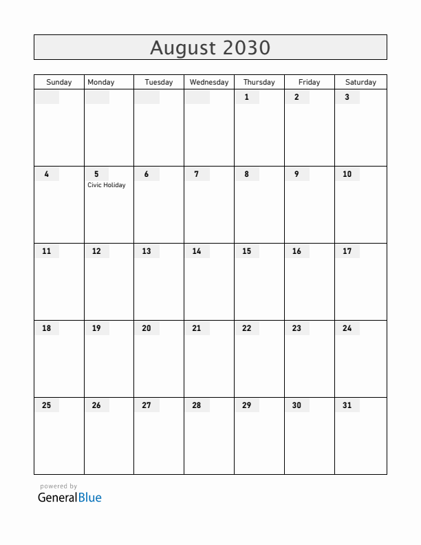 Canada August 2030 Calendar with Holidays