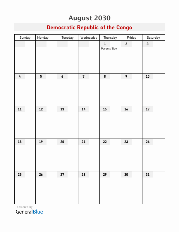 Democratic Republic of the Congo August 2030 Calendar with Holidays