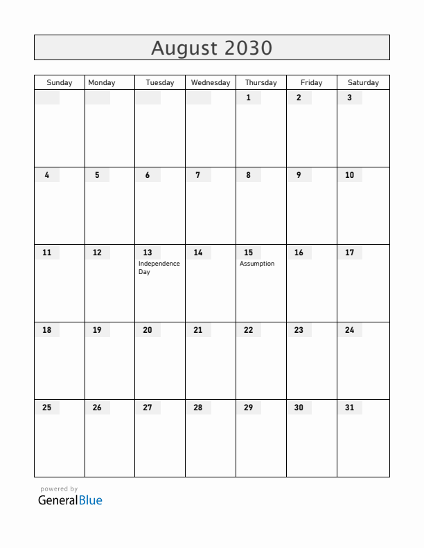 Central African Republic August 2030 Calendar with Holidays