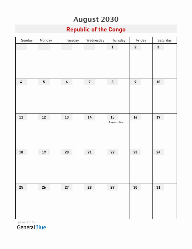 Republic of the Congo August 2030 Calendar with Holidays
