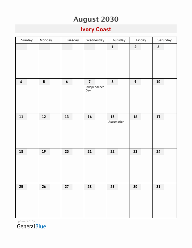 Ivory Coast August 2030 Calendar with Holidays