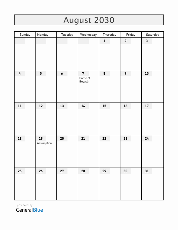 Colombia August 2030 Calendar with Holidays
