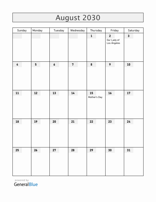Costa Rica August 2030 Calendar with Holidays