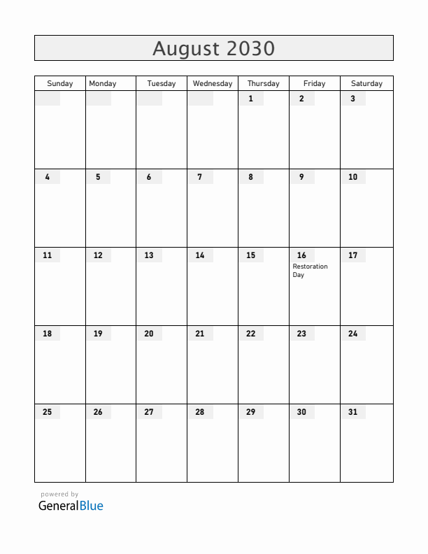 Dominican Republic August 2030 Calendar with Holidays