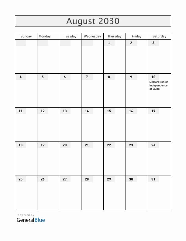 Ecuador August 2030 Calendar with Holidays