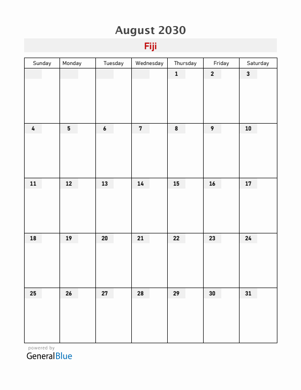 Fiji August 2030 Calendar with Holidays