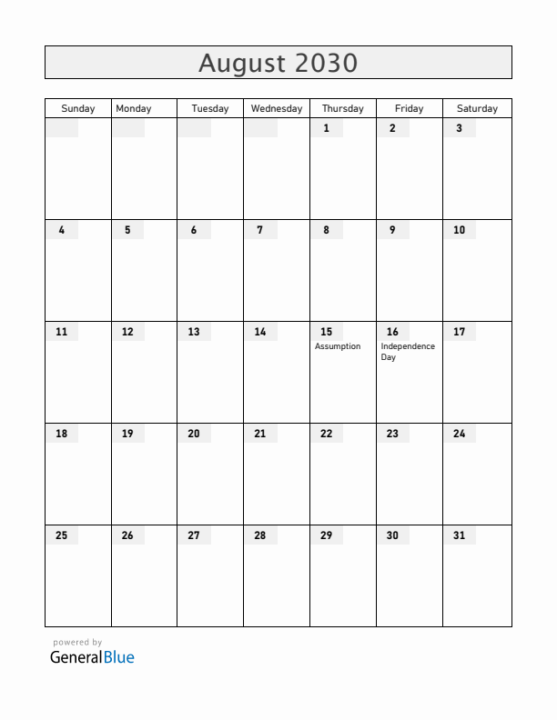 Gabon August 2030 Calendar with Holidays