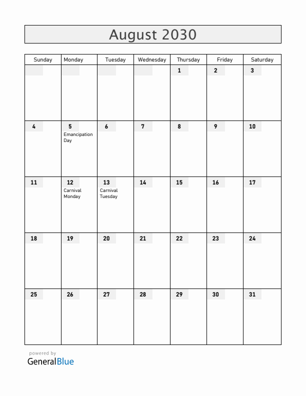 Grenada August 2030 Calendar with Holidays