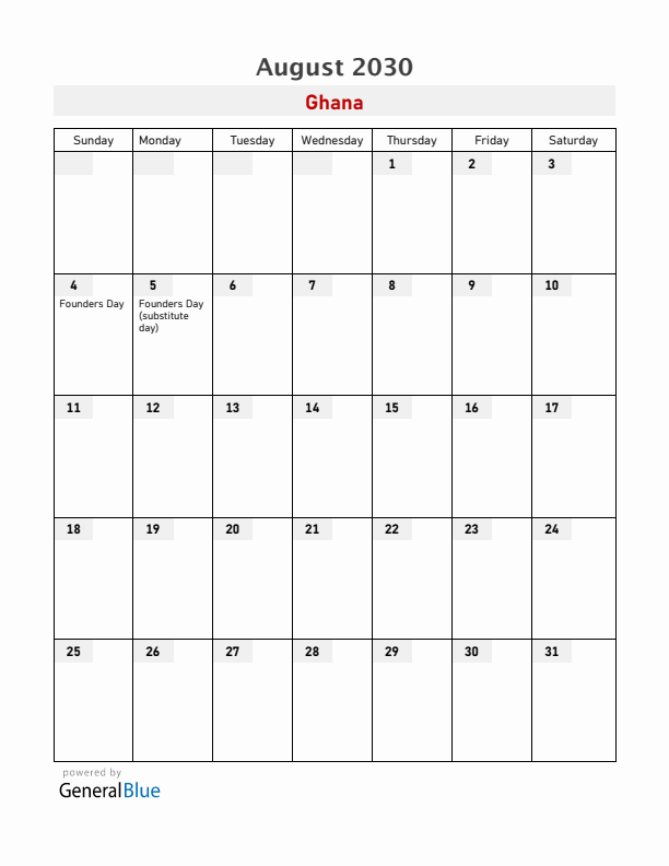 Ghana August 2030 Calendar with Holidays