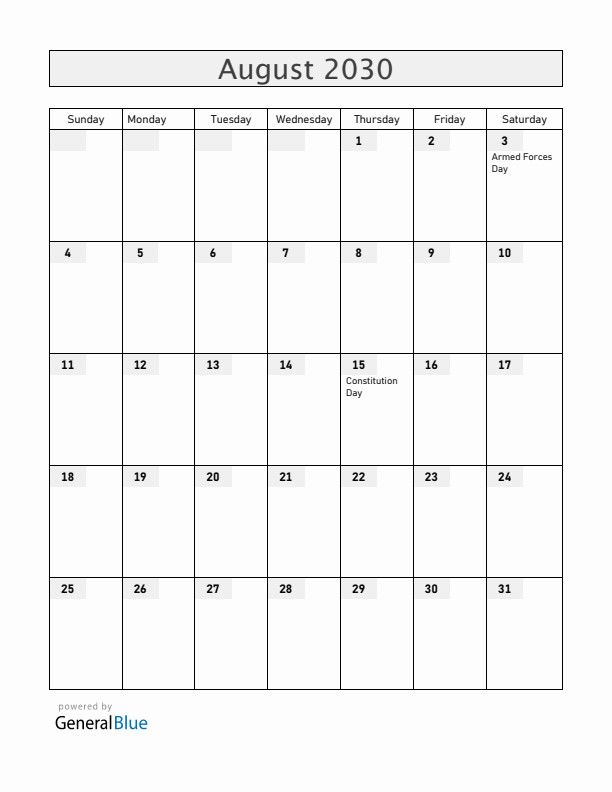 Equatorial Guinea August 2030 Calendar with Holidays