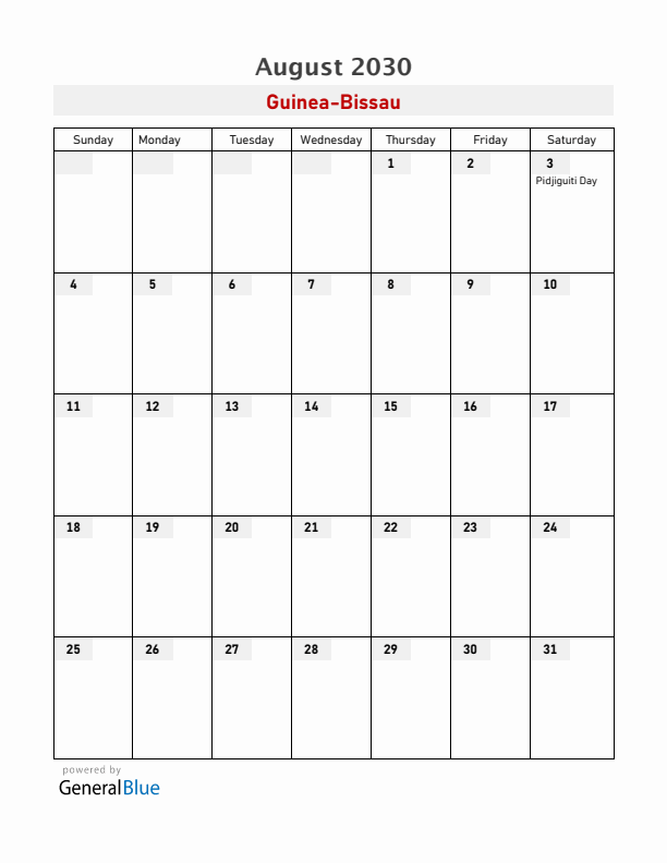 Guinea-Bissau August 2030 Calendar with Holidays