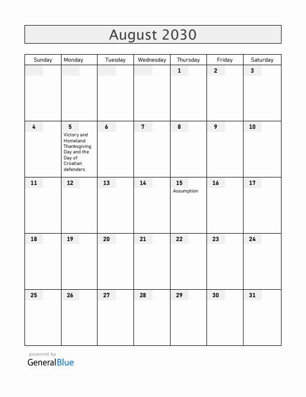 Croatia August 2030 Calendar with Holidays