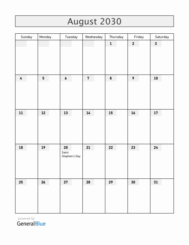 Hungary August 2030 Calendar with Holidays
