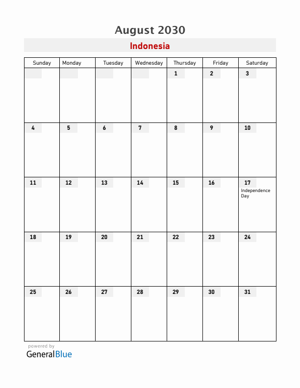 Indonesia August 2030 Calendar with Holidays