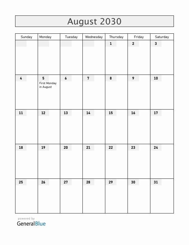 Ireland August 2030 Calendar with Holidays