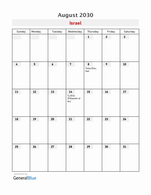 Israel August 2030 Calendar with Holidays