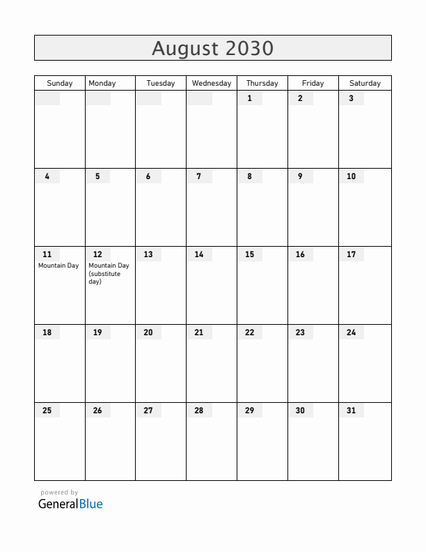 Japan August 2030 Calendar with Holidays