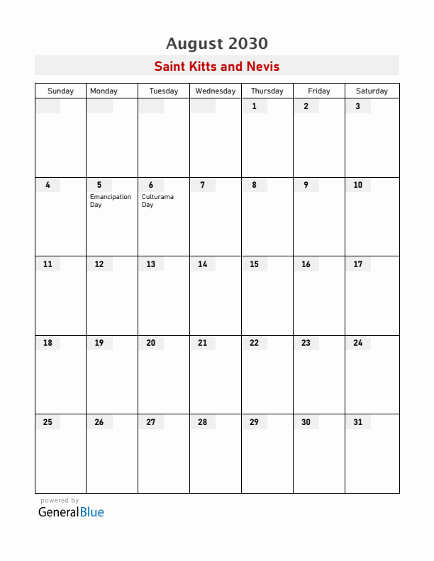 Saint Kitts and Nevis August 2030 Calendar with Holidays