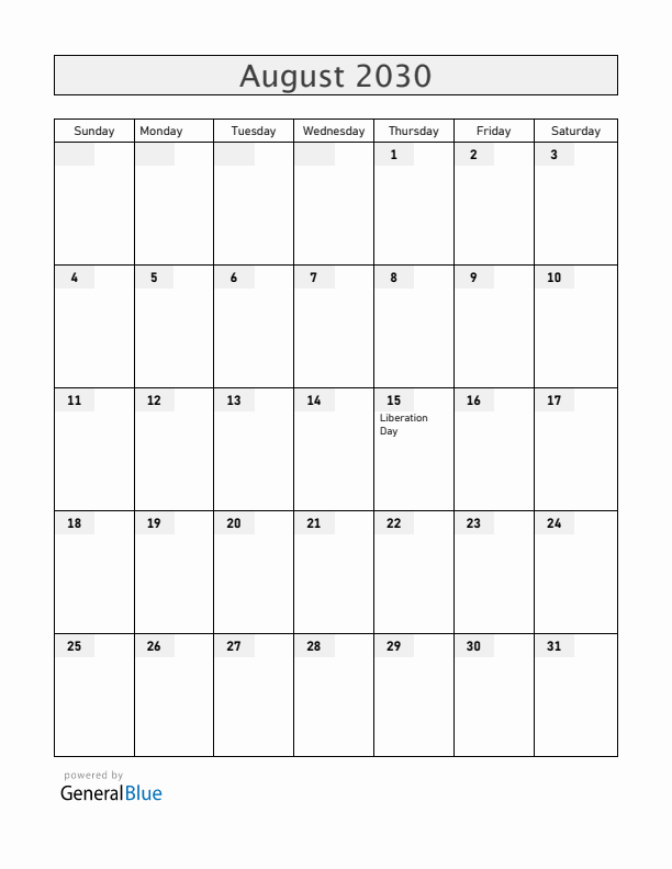 South Korea August 2030 Calendar with Holidays