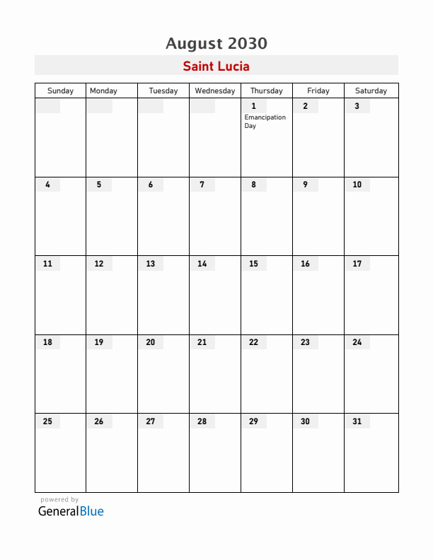 Saint Lucia August 2030 Calendar with Holidays