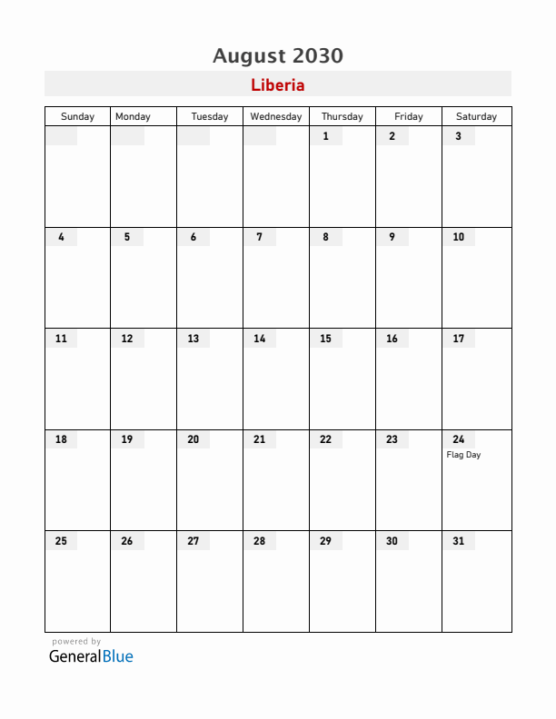 Liberia August 2030 Calendar with Holidays