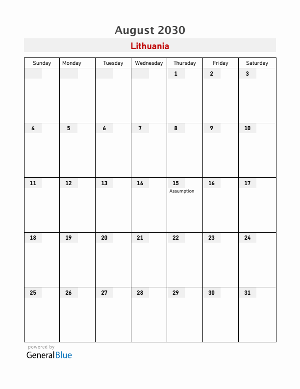 Lithuania August 2030 Calendar with Holidays