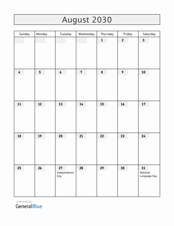 Moldova August 2030 Calendar with Holidays