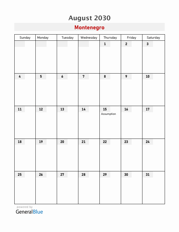 Montenegro August 2030 Calendar with Holidays