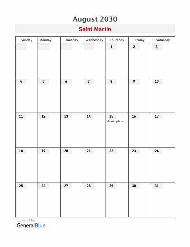 Saint Martin August 2030 Calendar with Holidays
