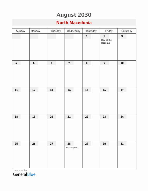 North Macedonia August 2030 Calendar with Holidays