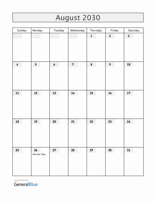 Namibia August 2030 Calendar with Holidays