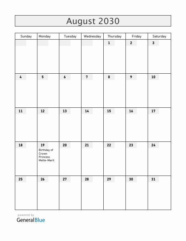Norway August 2030 Calendar with Holidays